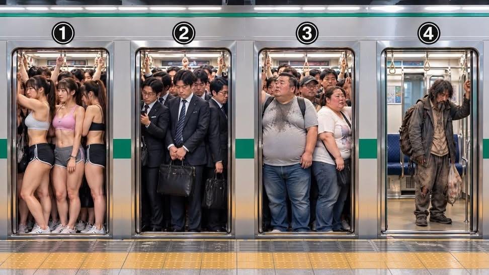 Four subway car doorways labeled 1 through 4, each framing a different crowd of passengers, ranging from women in sportswear to men in suits, larger men in casual clothes, and a single disheveled older man.
