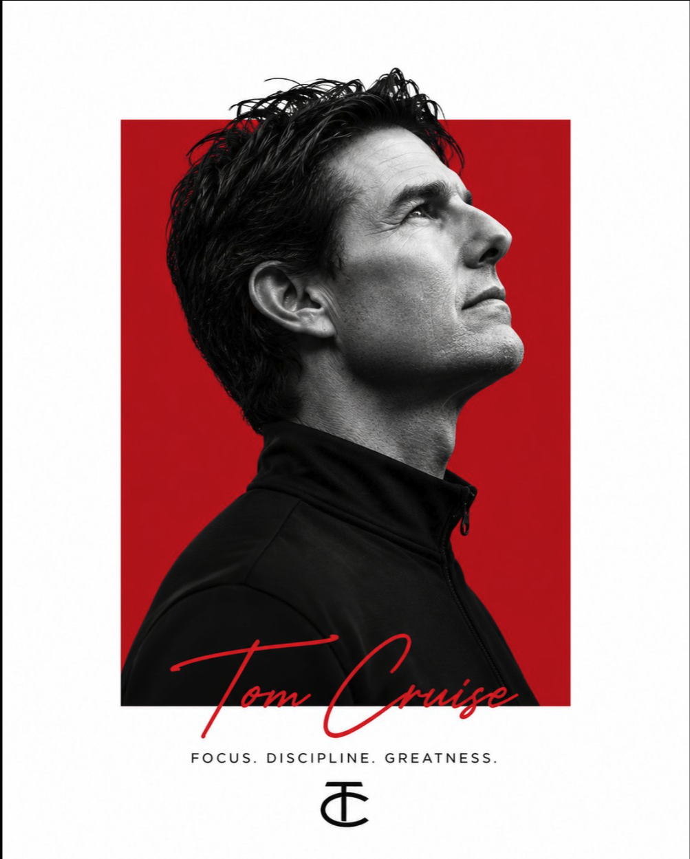 A stylized poster of a man resembling Tom Cruise in profile against a red square background.