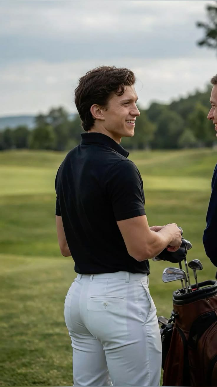 A man resembling Tom Holland smiling on a golf course while holding golf clubs.