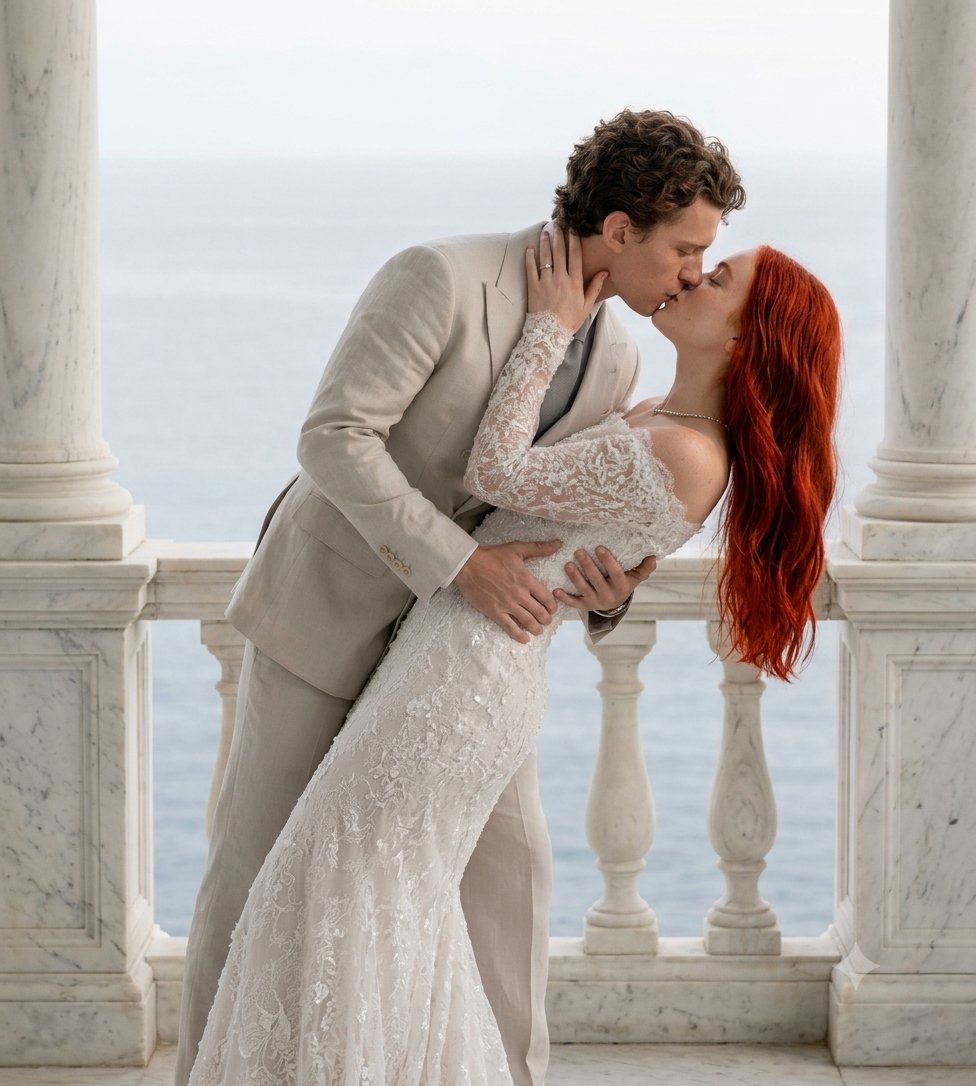 A man and woman resembling Tom Holland and Sadie Sink embracing in a wedding pose by a marble balustrade overlooking the sea.