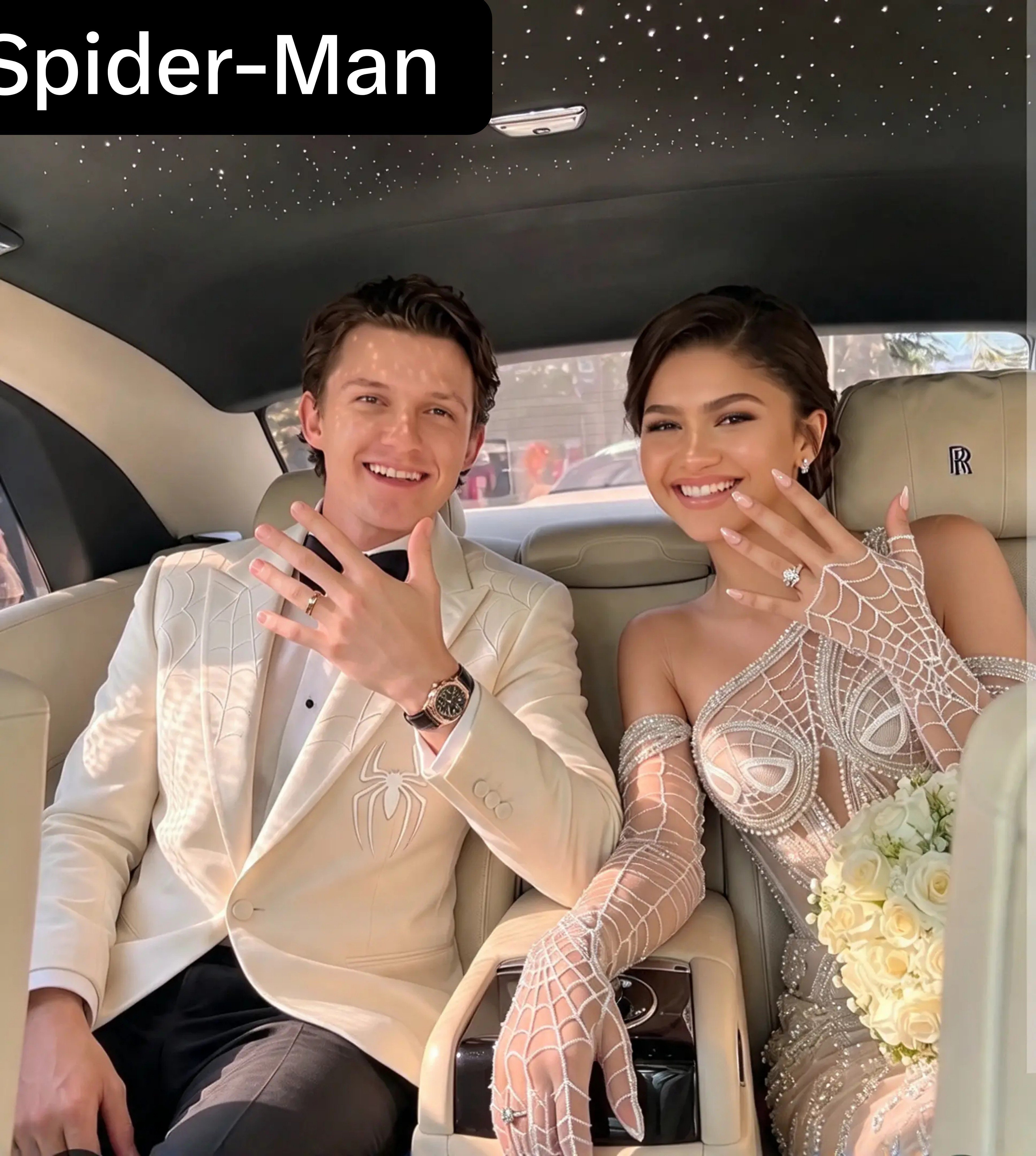 A man resembling Tom Holland and a woman resembling Zendaya seated in a luxury car wearing Spider-Man themed wedding attire.