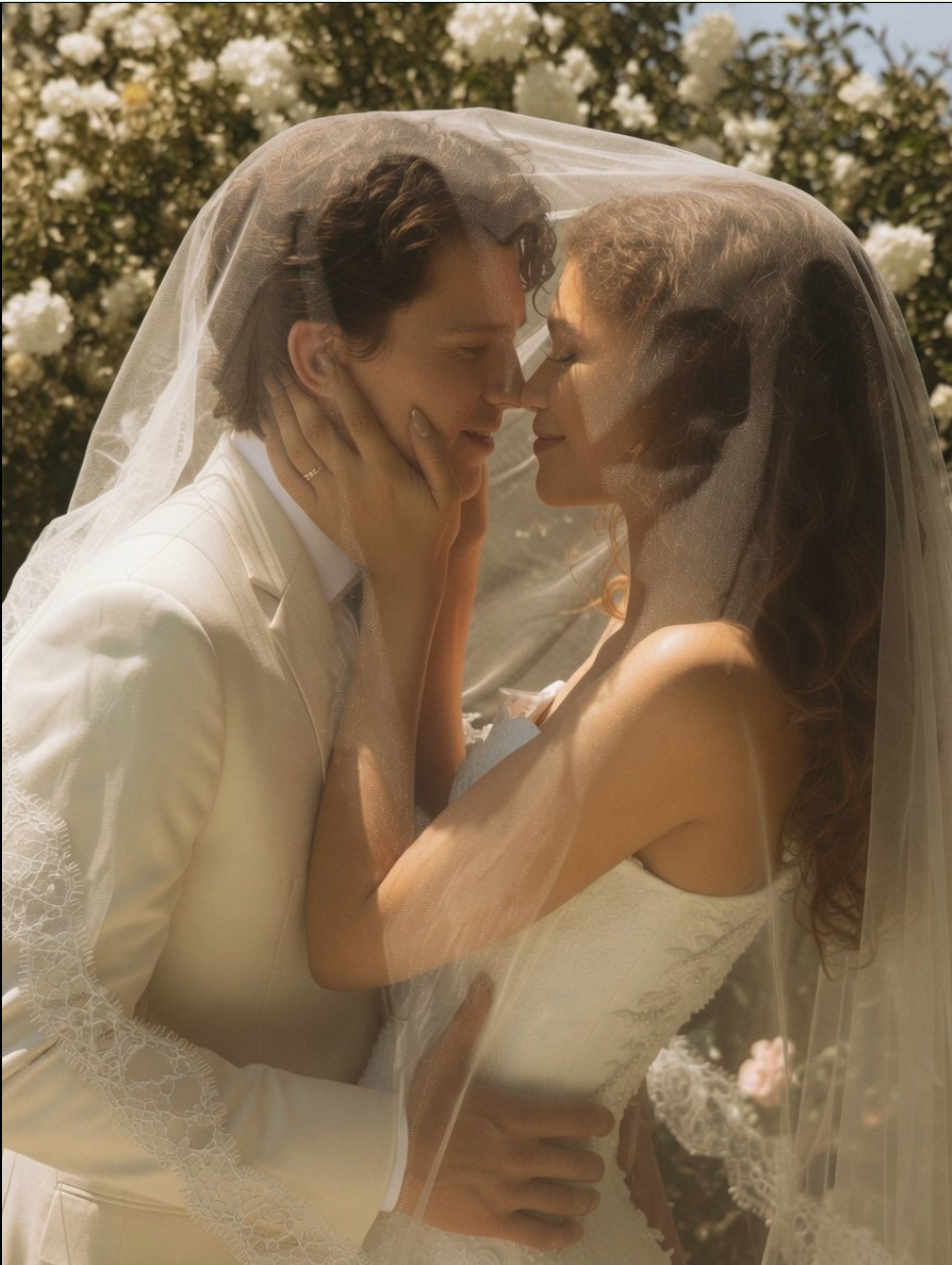 A man resembling Tom Holland and a woman resembling Zendaya embracing under a bridal veil in a garden of white roses.