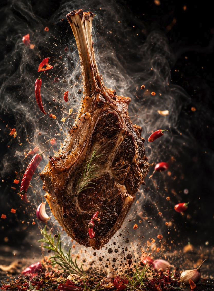 A large tomahawk steak suspended in mid-air with steam, chili peppers, garlic, and rosemary flying around it against a dark background.