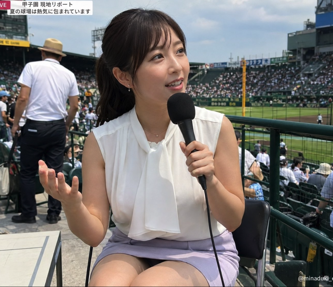 A woman seated at a baseball stadium holding a microphone during an on-site report.