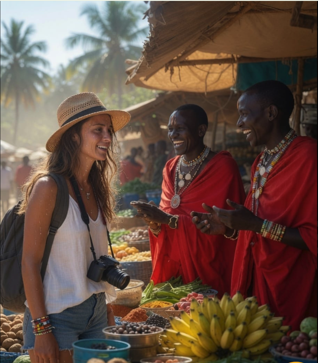A woman in a straw sun hat and white tank top smiling with two men in red traditional robes at an outdoor produce market.