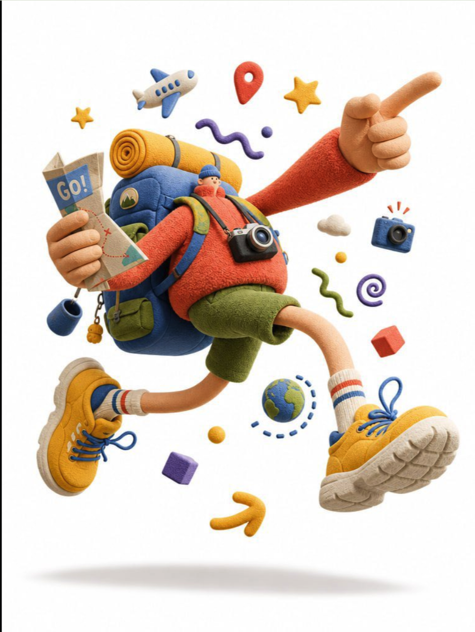 A 3D-rendered cartoon figure in a red shirt and green shorts leaping with a blue backpack, camera, and map marked 'GO!'