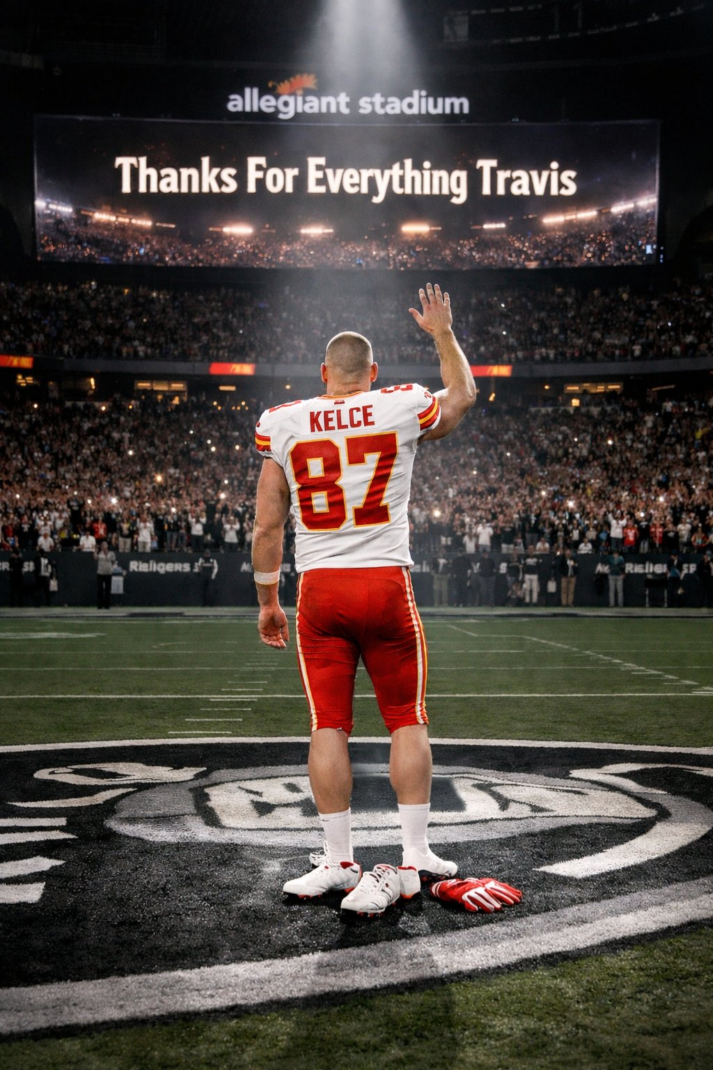 A man resembling Travis Kelce in a Chiefs #87 jersey waving to a crowd, with an Allegiant Stadium screen reading 'Thanks For Everything Travis.'