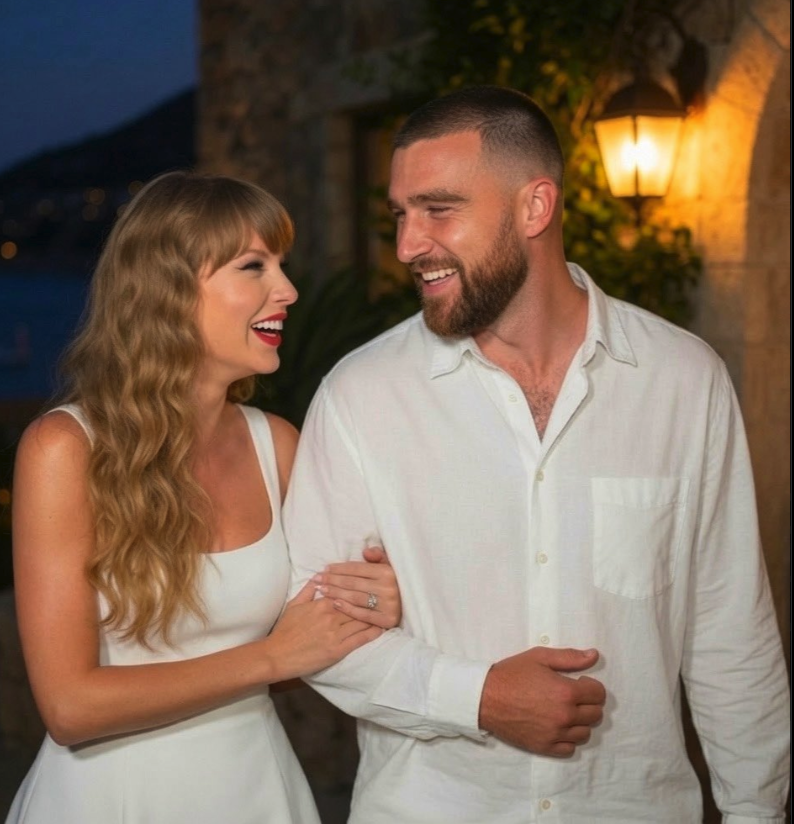 A woman resembling Taylor Swift and a man resembling Travis Kelce standing together at an outdoor evening event, both dressed in white.