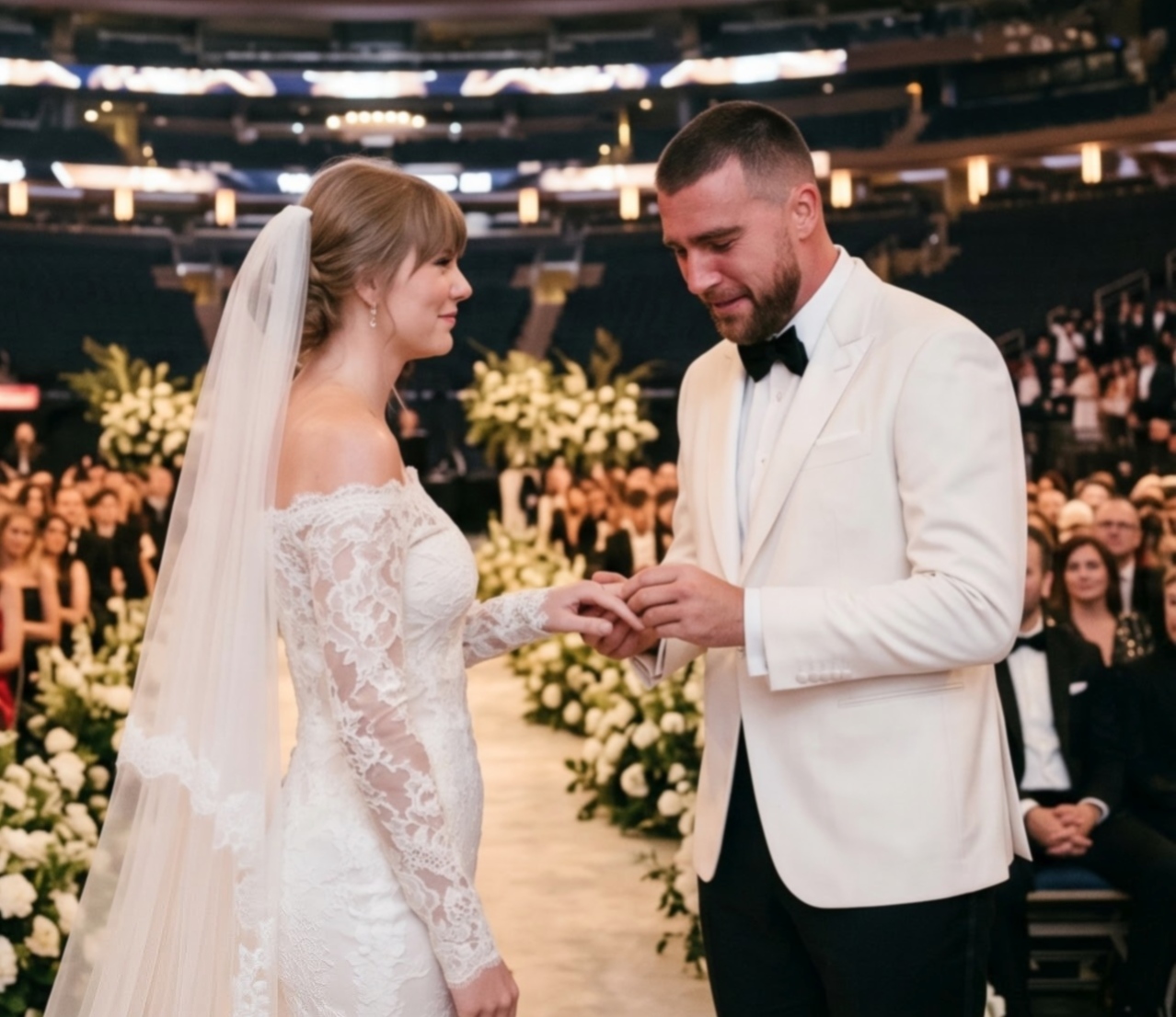 A man resembling Travis Kelce placing a ring on a woman resembling Taylor Swift during a wedding ceremony in an arena.
