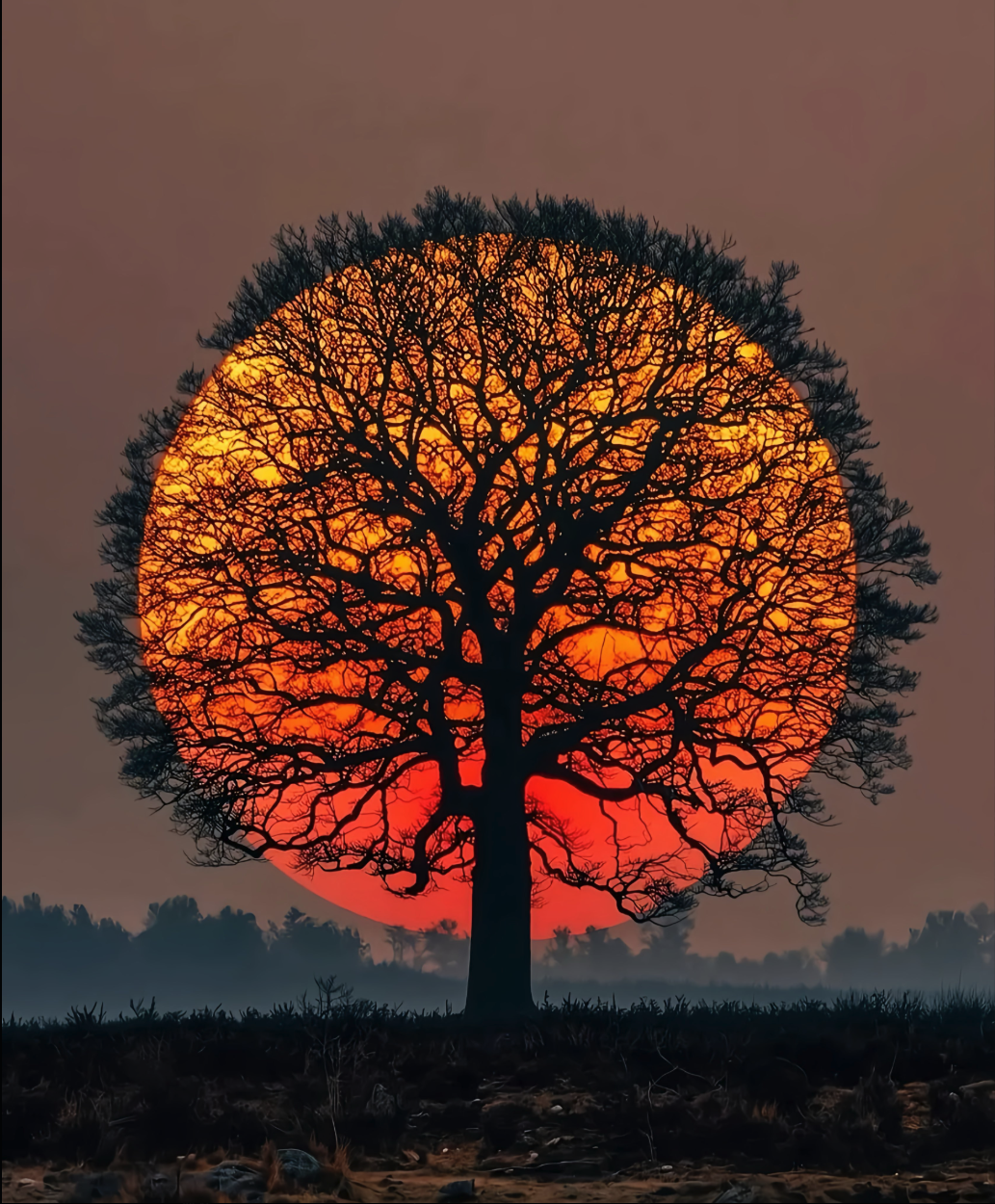 A leafless tree silhouetted in black against a large orange and red sunset, with dark brush in the foreground.