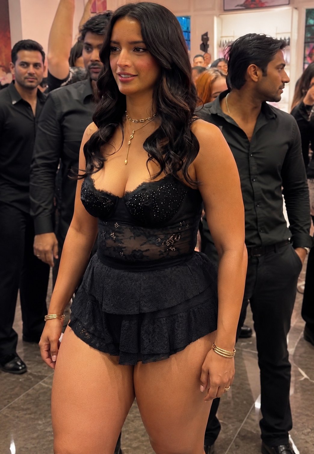 A woman resembling Triptii Dimri standing in a black lace bustier top and short tiered skirt at an indoor event.