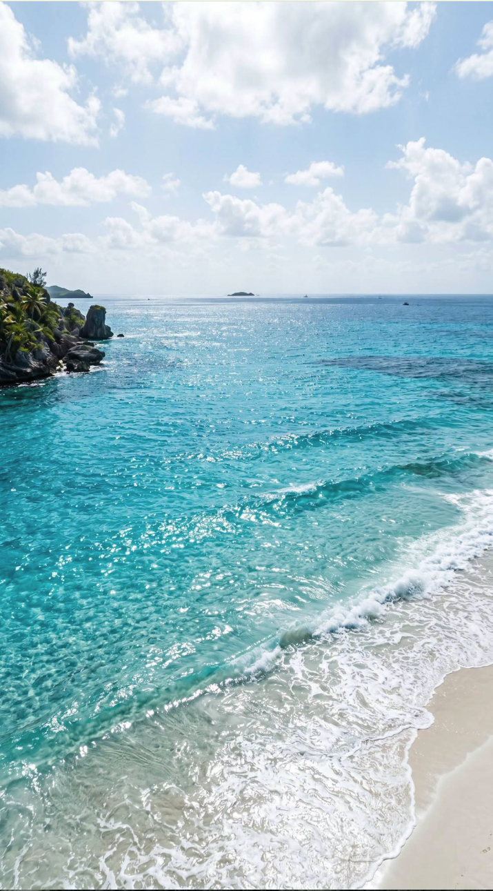 A tropical beach with turquoise water lapping onto white sand, palm trees on rocky outcrops to the left, and a partly cloudy sky.