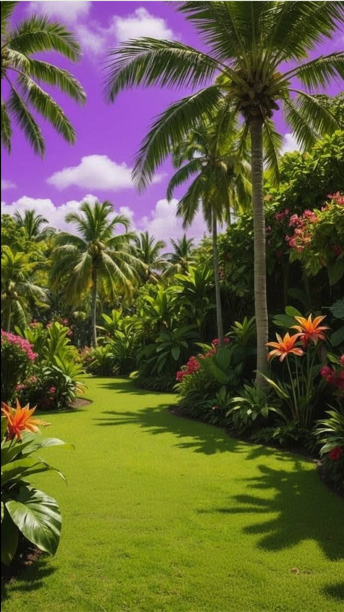 A tropical garden with tall palm trees, a green lawn path, colorful flowers, and a vivid purple sky with white clouds.