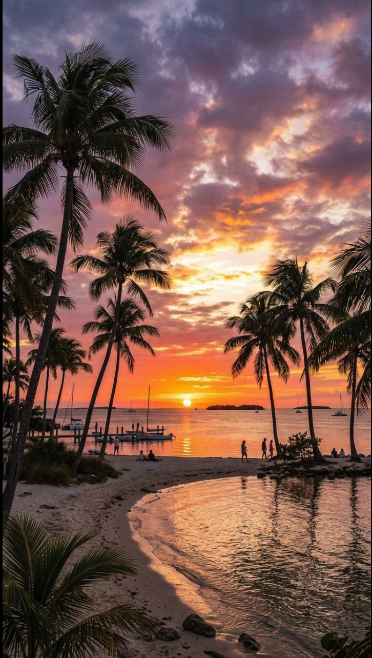 A tropical beach at sunset with silhouetted palm trees, sailboats moored at a small pier, and a few small figures along the shore.