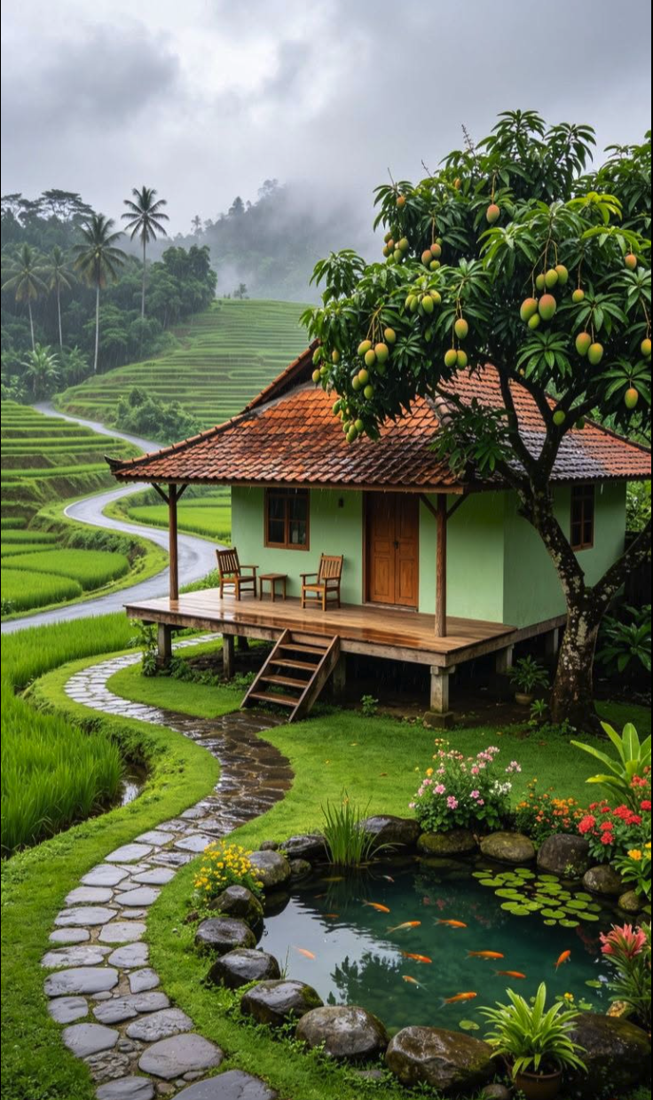 A green stilt house with a wooden porch beside a koi pond, with terraced rice paddies, palm trees, and misty mountains in the background.