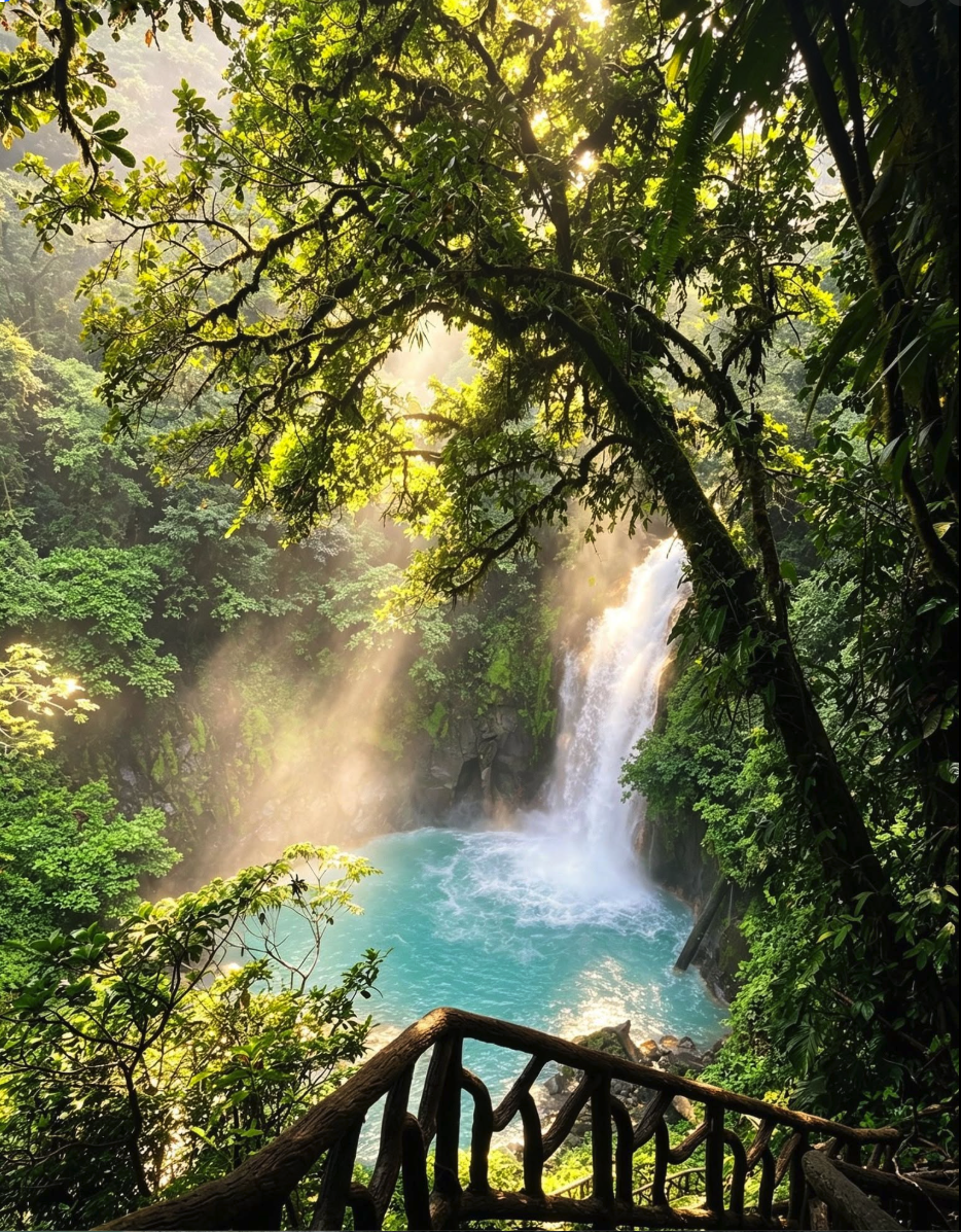 A waterfall cascading into a turquoise pool in a tropical rainforest, framed by dense foliage and a wooden railing.