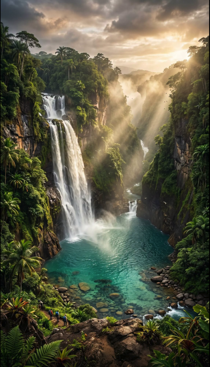 A tall tropical waterfall cascading into a turquoise pool surrounded by dense jungle vegetation under a golden sky.