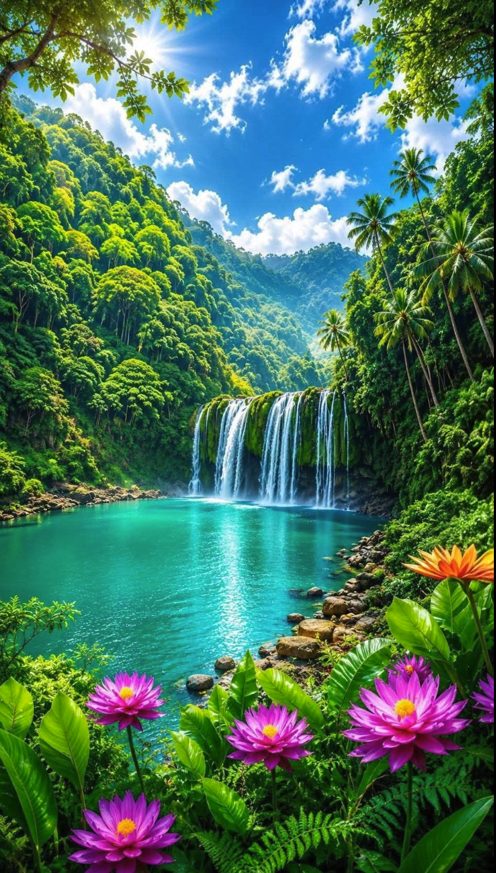 A lush tropical scene with a cascading waterfall flowing into a turquoise pool, surrounded by dense greenery, palm trees, and bright pink flowers in the foreground.