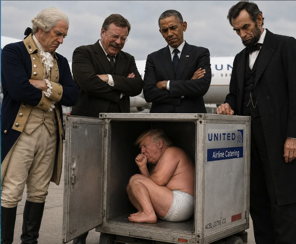 A man resembling Donald Trump, shirtless in a diaper, crouched inside a United Airlines catering cart on an airport tarmac, surrounded by four men resembling George Washington, Theodore Roosevelt, Barack Obama, and Abraham Lincoln.