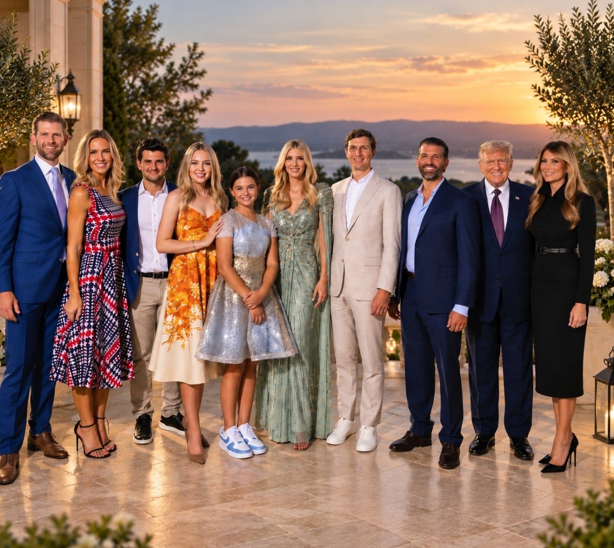 A group of ten people resembling the Trump family posed together on a stone terrace at sunset.
