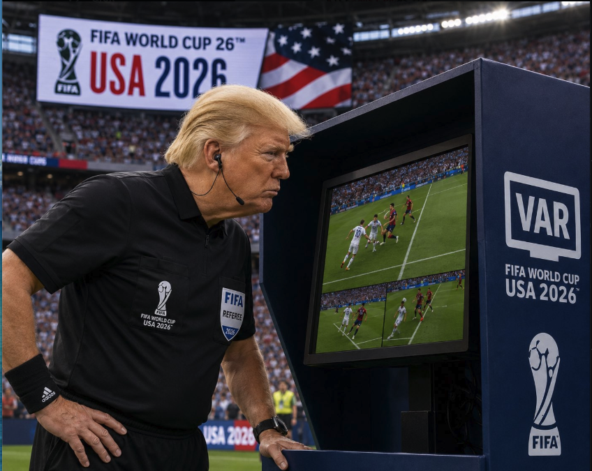 A man resembling Donald Trump in a FIFA referee uniform reviewing match footage on a VAR monitor at a stadium.