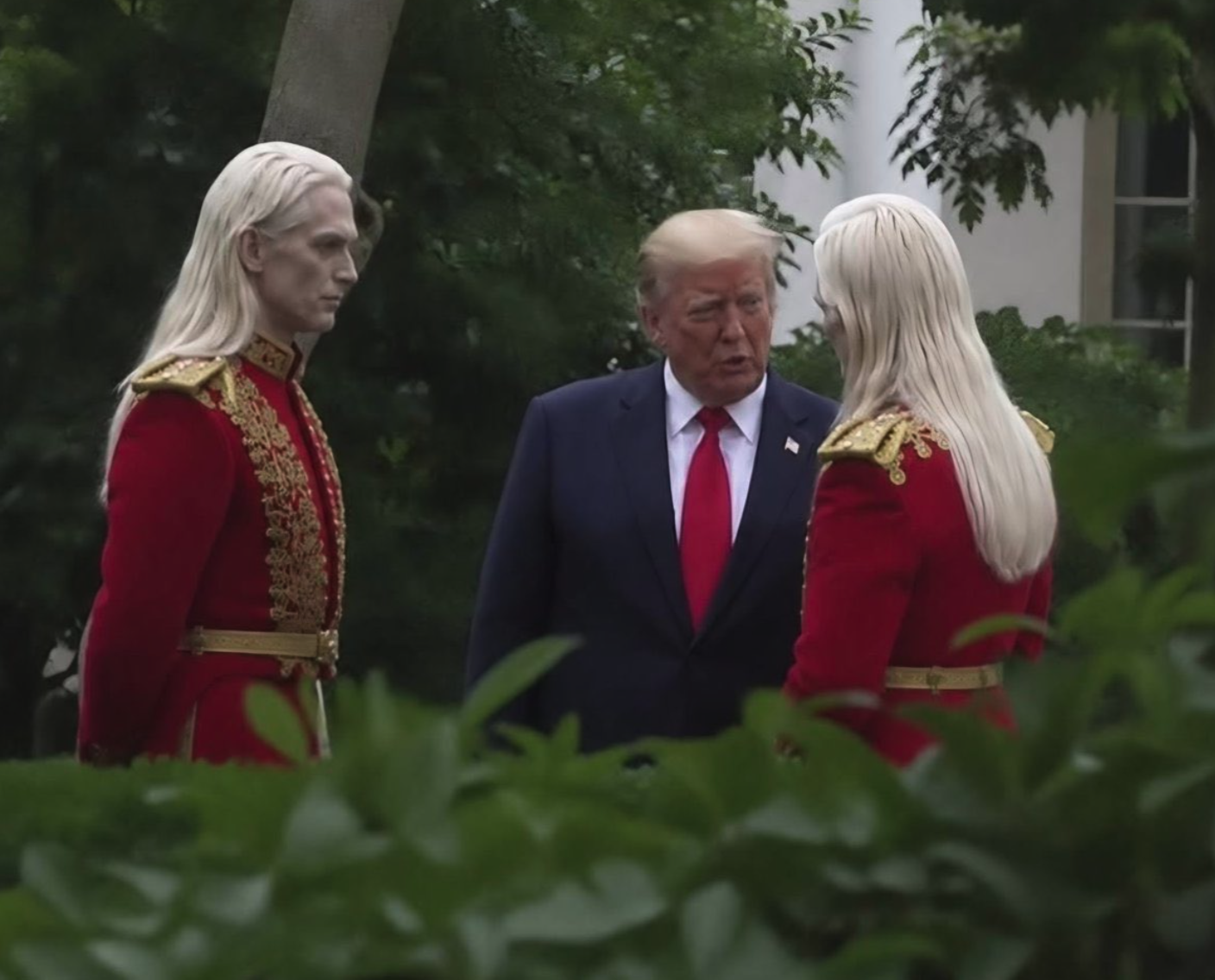 A man resembling Donald Trump in a dark suit and red tie standing between two figures resembling platinum-haired Game of Thrones characters in red and gold costumes.