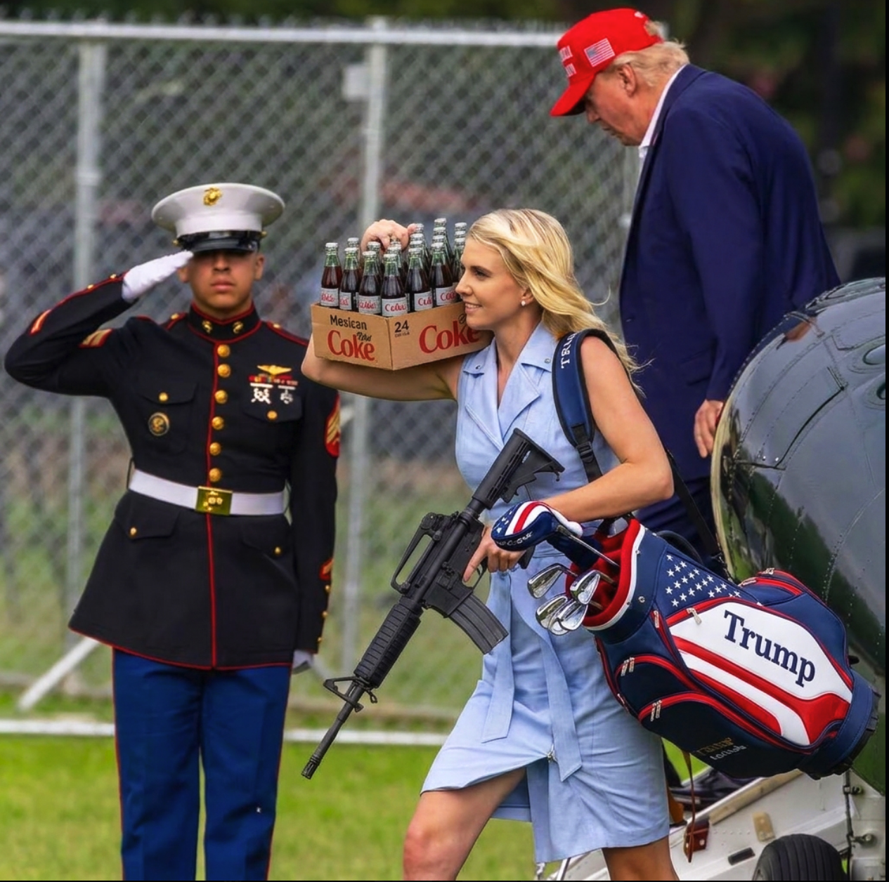 A man resembling Donald Trump beside a young woman carrying Mexican Coca-Cola and a Trump-branded golf bag, with a saluting Marine.