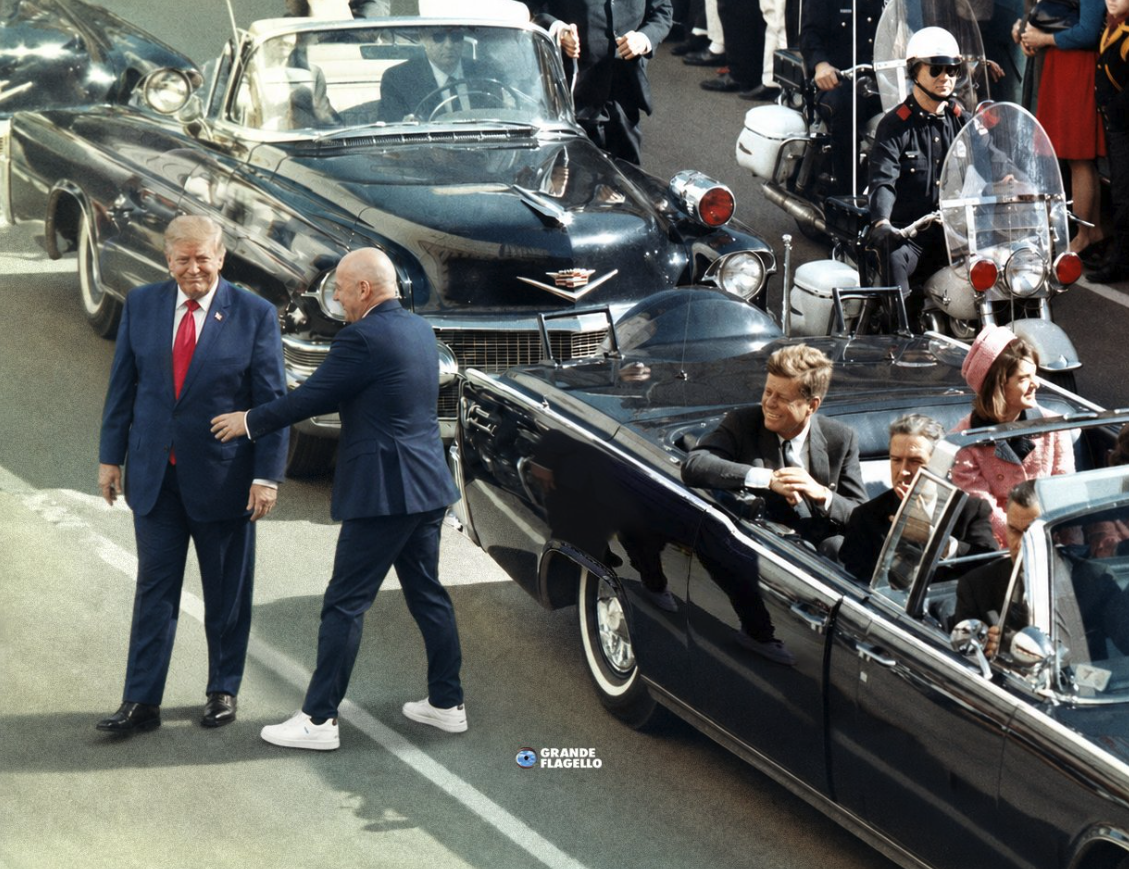 An image resembling Donald Trump standing beside a vintage motorcade carrying figures resembling John F. Kennedy and others.