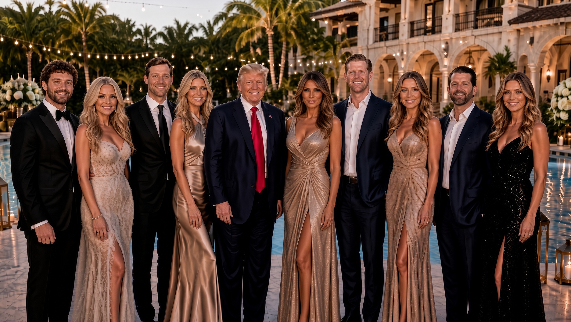 A group of formally dressed people, including a man and woman resembling Donald Trump and Melania Trump, posing at an evening event.