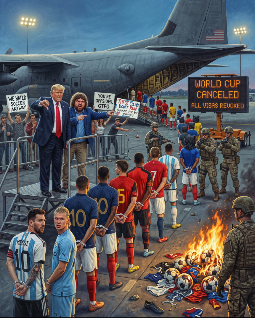 A scene resembling Donald Trump pointing at detained soccer players, including one resembling Lionel Messi, beside a military aircraft and a 'World Cup Canceled' sign.