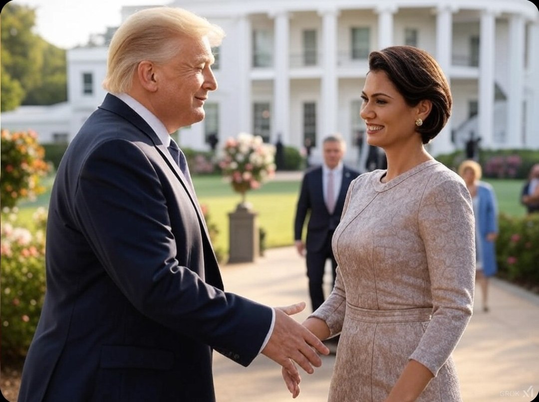 A man resembling Donald Trump and a woman resembling Michelle Bolsonaro shaking hands outside the White House.