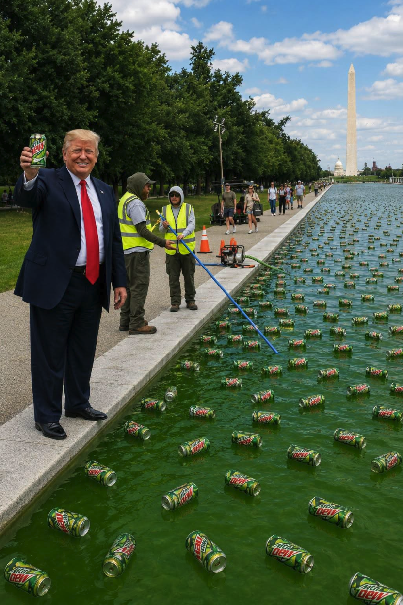 A man resembling Donald Trump holding a can of Mountain Dew, smiling beside a reflecting pool with the Washington Monument in the distance.