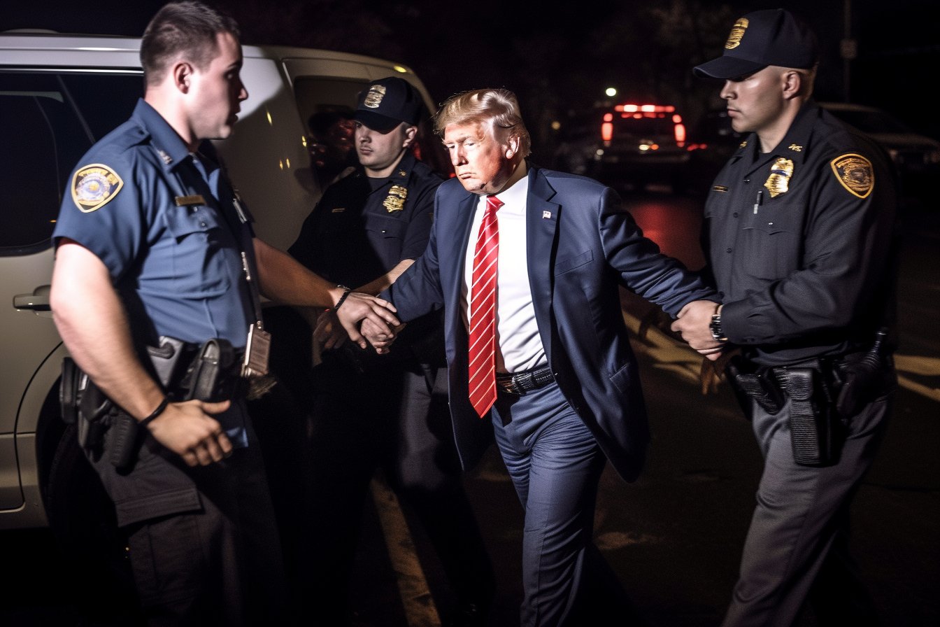 A man resembling Donald Trump being escorted by uniformed police officers at night beside a vehicle with emergency lights.