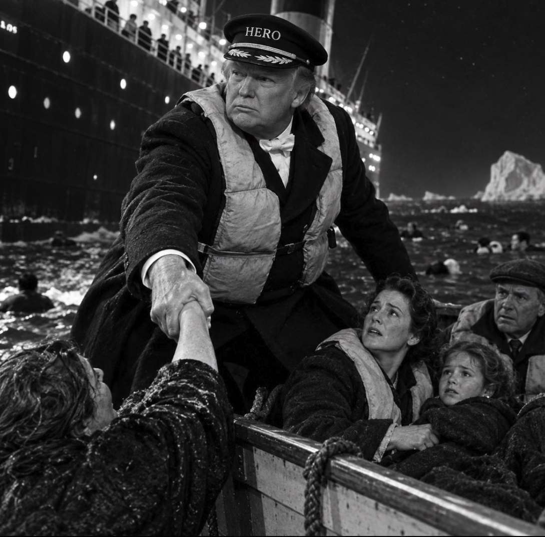 Black-and-white scene resembling a Titanic-era evacuation, with a man resembling Donald Trump in a captain's cap marked 'HERO' reaching down from a lifeboat to pull a passenger from the water.