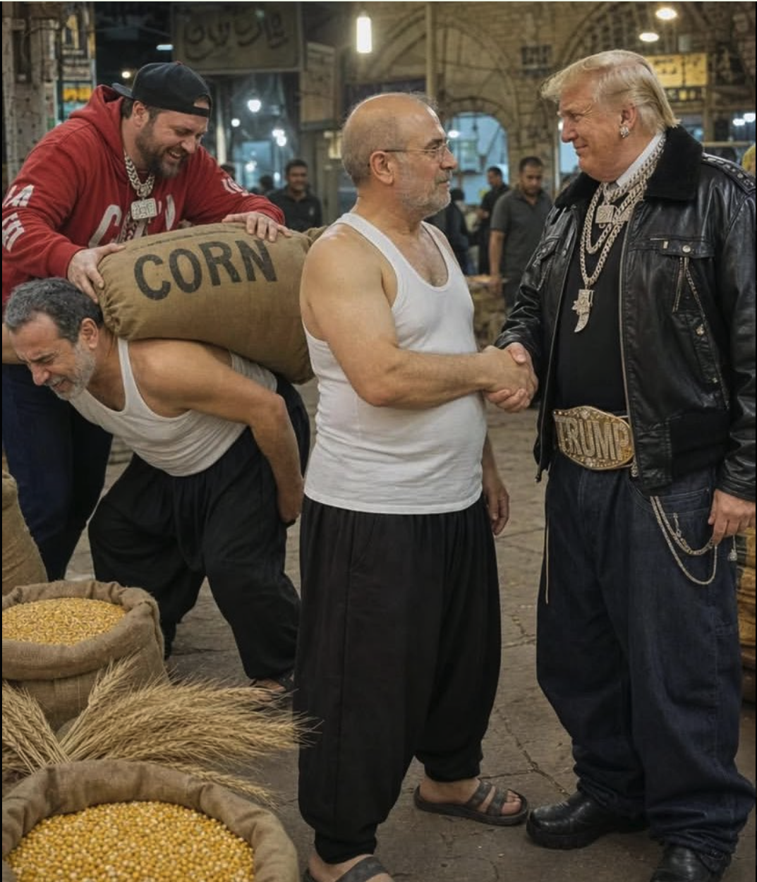 Two men resembling Donald Trump and JD Vance in a market, with sacks of corn and Arabic signage.