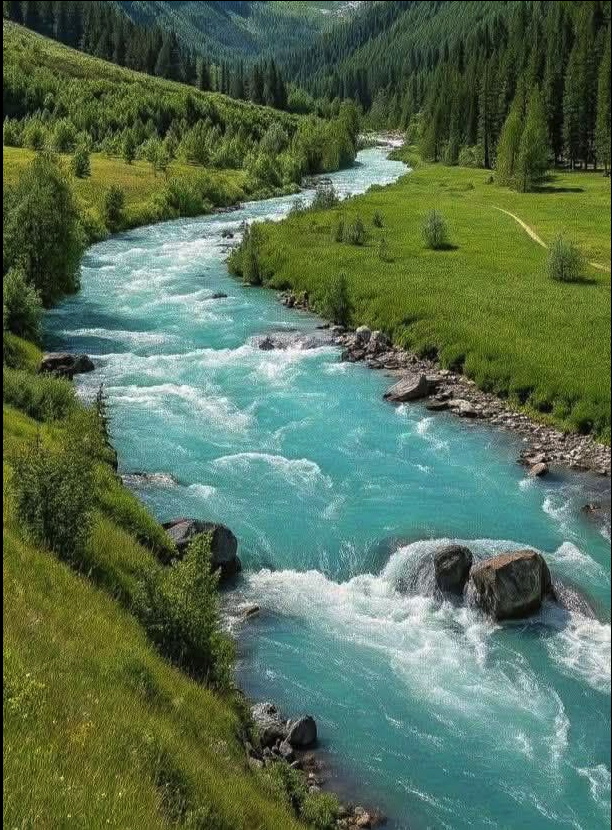 A turquoise river flowing through a green forested mountain valley with whitewater rapids and scattered boulders.