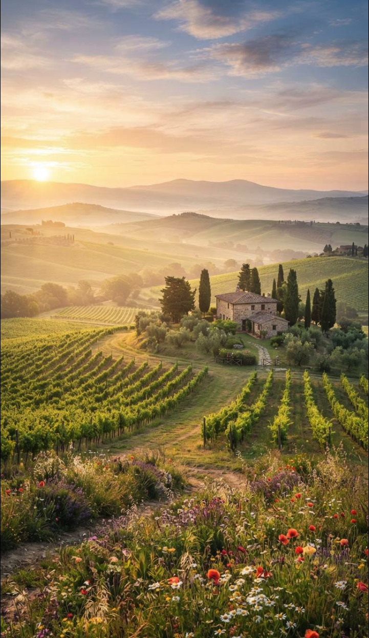 An AI-generated Tuscan countryside scene with vineyards, a stone farmhouse, cypress trees, and wildflowers under a golden sunset.