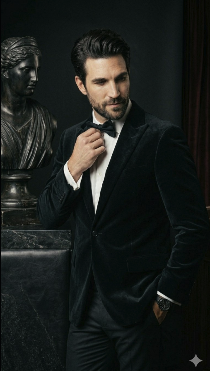 A man in a dark velvet tuxedo adjusting his bow tie, standing beside a classical female bust in a dimly lit setting.