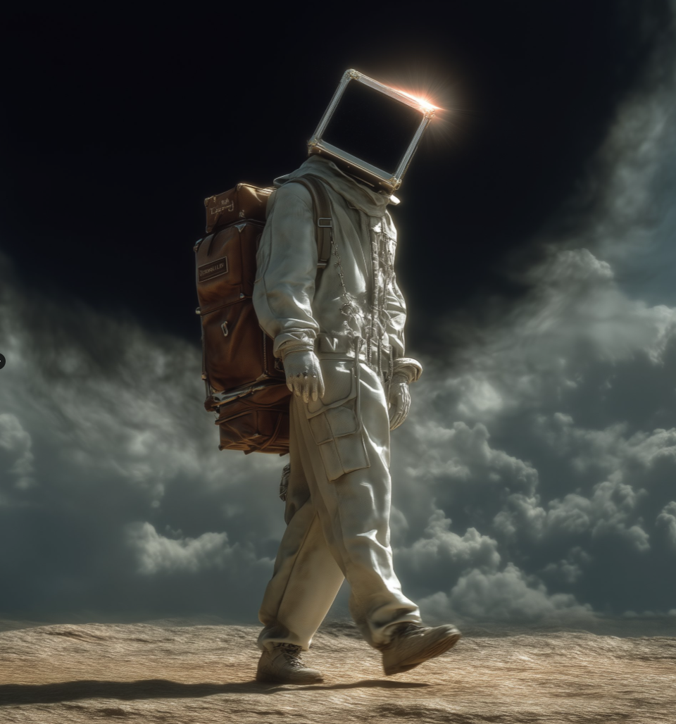 A figure in a white spacesuit with a glowing CRT monitor for a head, carrying a large brown backpack, walking across barren rocky terrain under a cloudy sky.