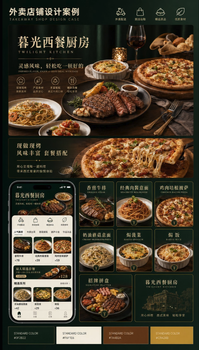 A design case study layout for a food delivery app called 'Twilight Kitchen', featuring styled food photography and a phone mockup.