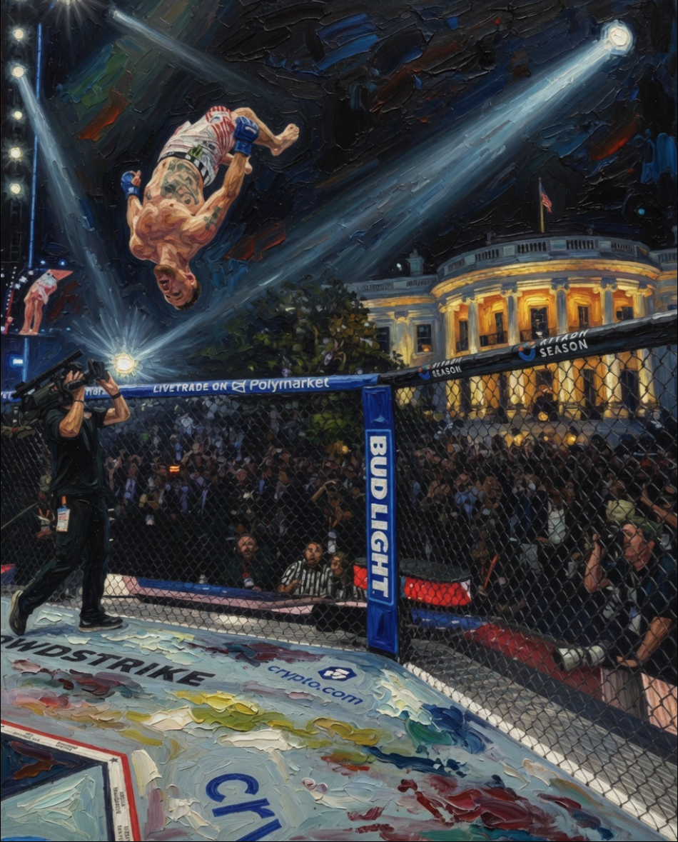 A painterly scene of a fighter lifted upside down inside an MMA octagon, with the lit White House visible in the background.