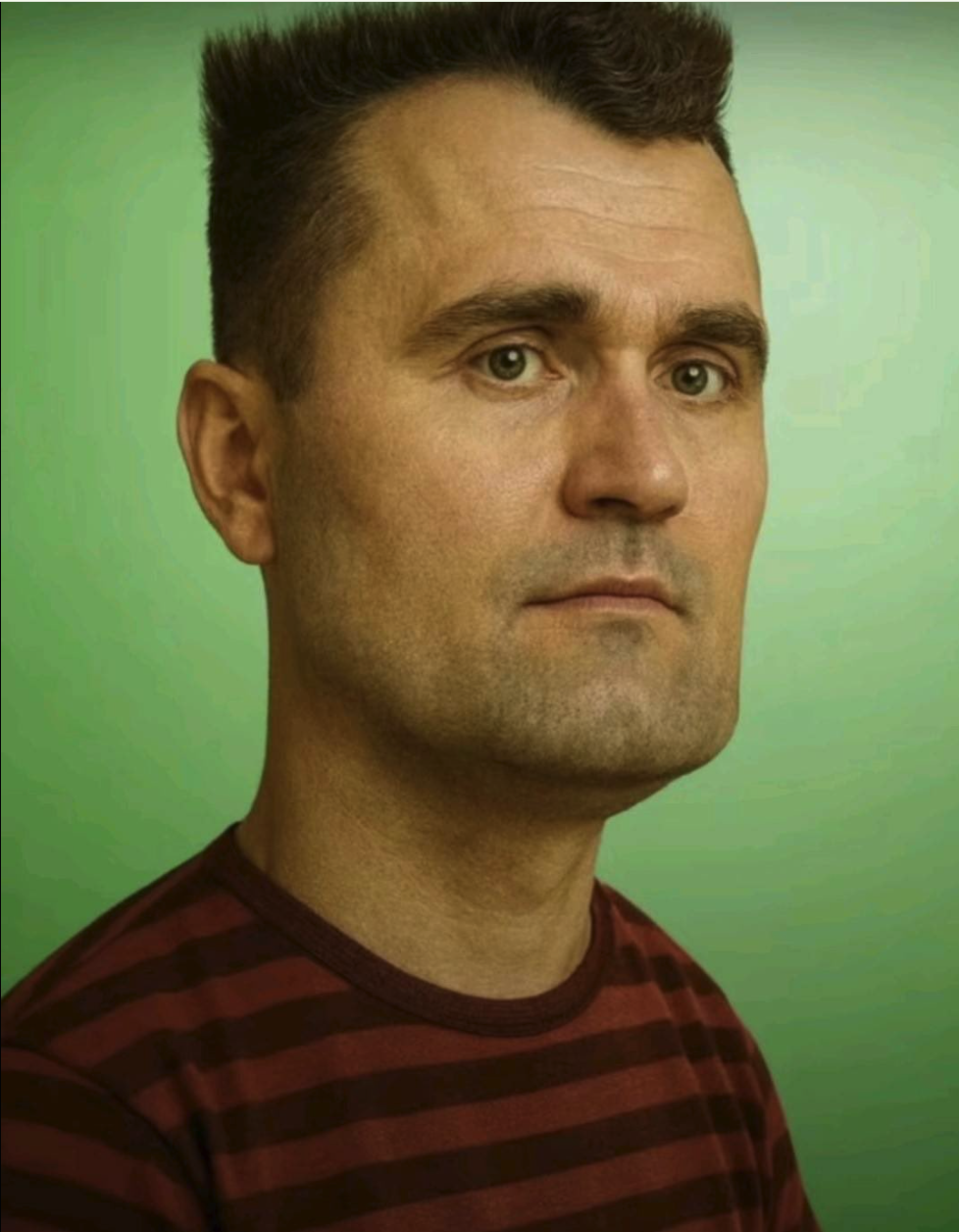 A rendered portrait of Charlie Kirk with short dark hair wearing a red and dark striped t-shirt against a green background.