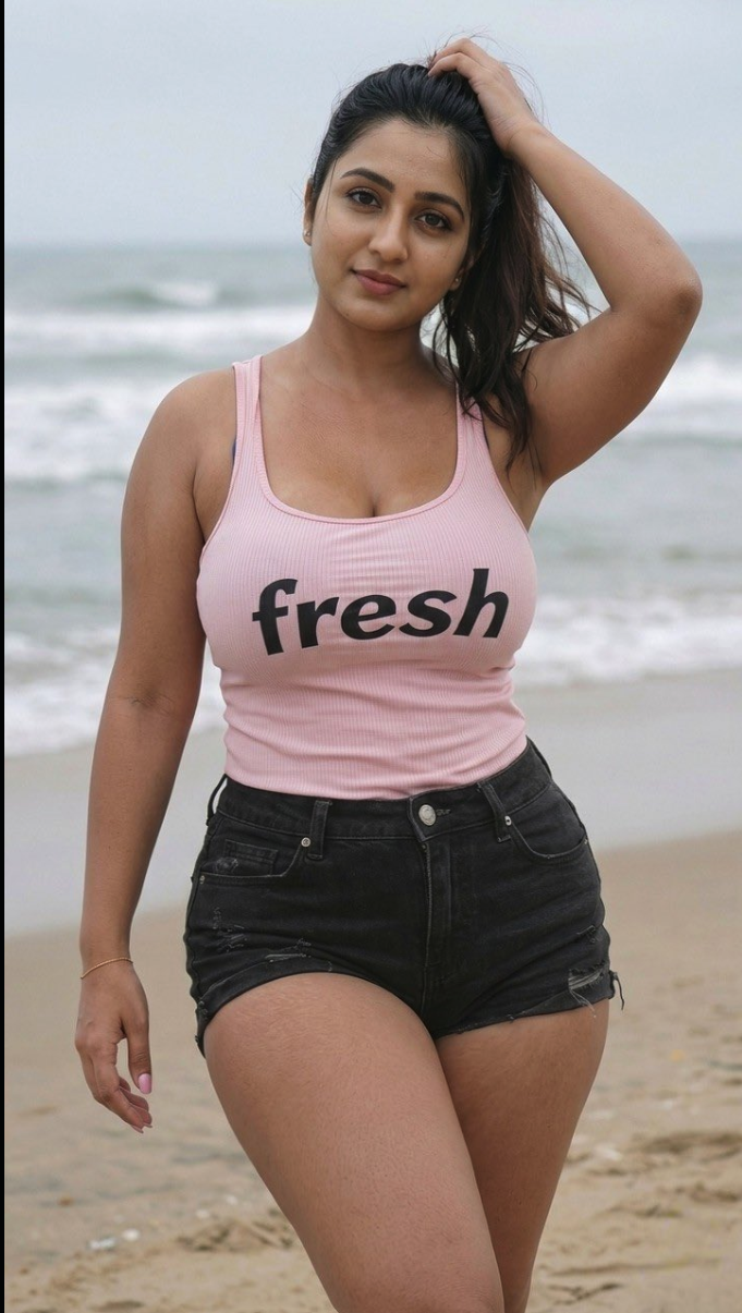 An unidentified woman in a pink tank top reading 'fresh' and dark denim shorts standing on a beach.