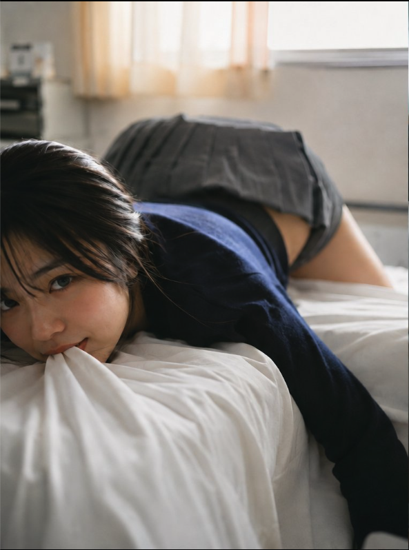 An unidentified woman with short dark hair lying on a white-sheeted bed in a sunlit bedroom, wearing a dark blue top and short gray skirt.