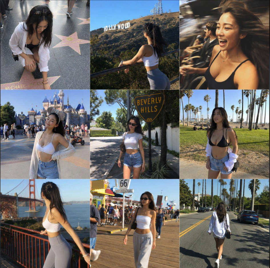 A nine-panel collage of an unidentified young woman posing at California landmarks including the Hollywood sign, Walk of Fame, Disneyland, and Beverly Hills.