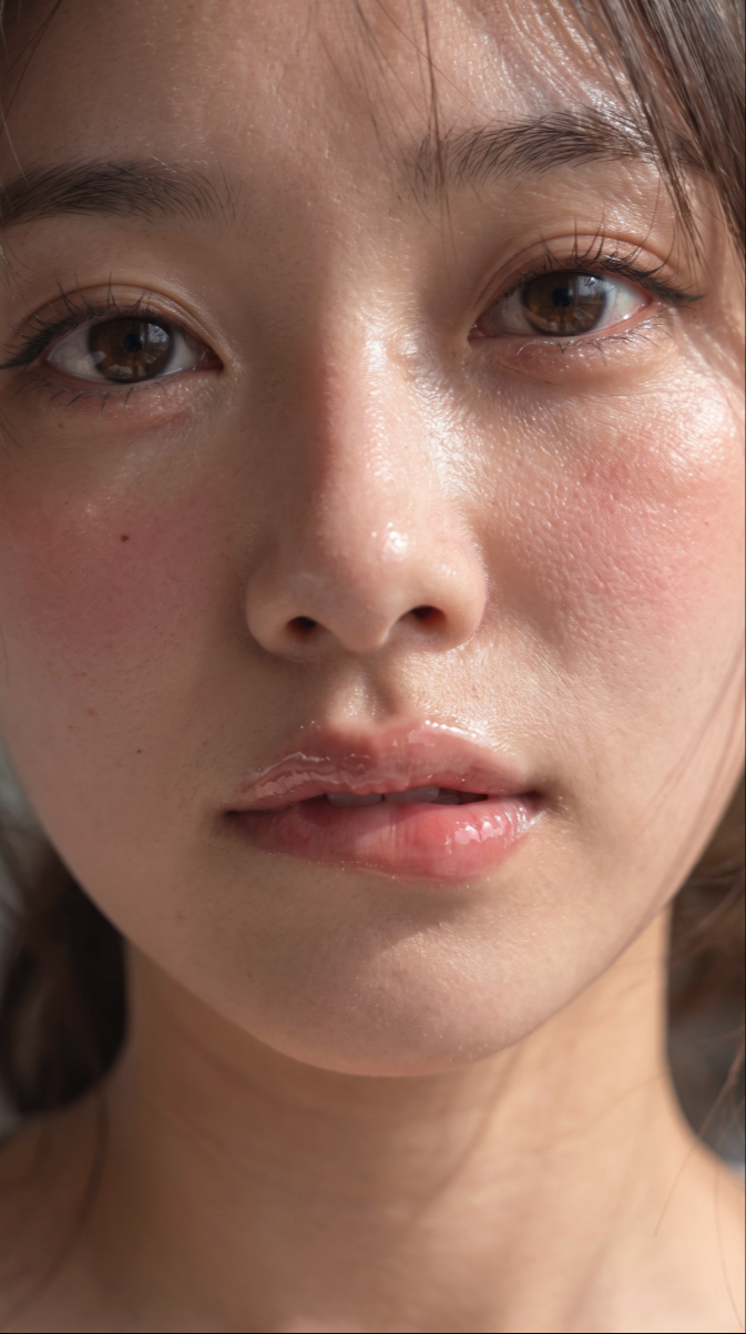 Close-up portrait of an unidentified young woman with brown eyes, glossy lips, and dark hair.
