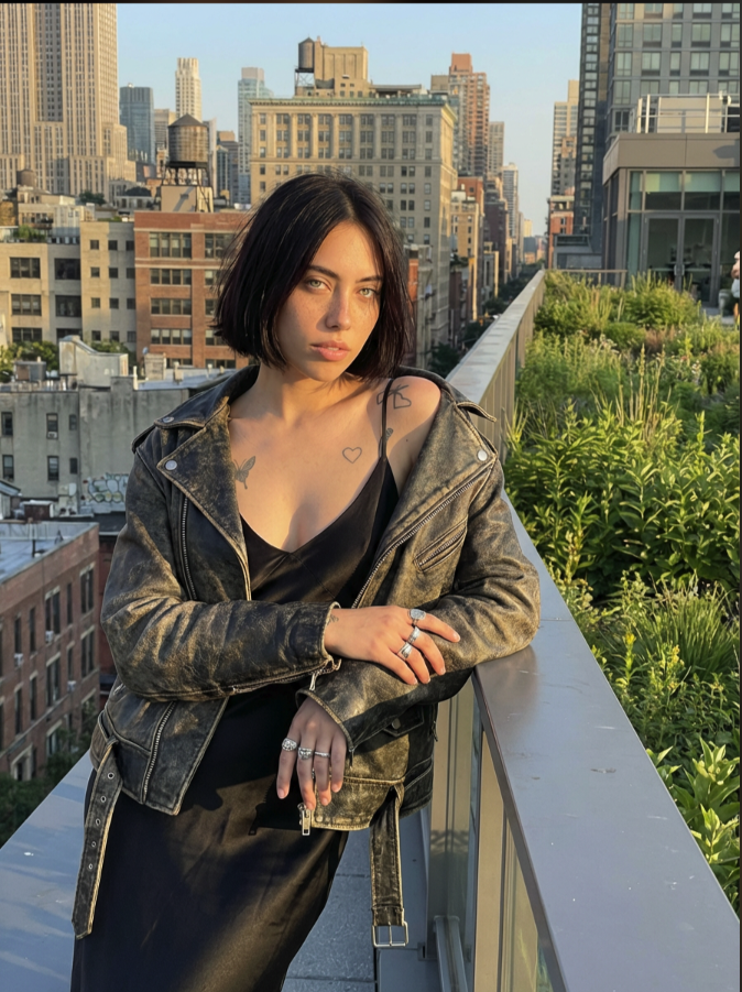 AI-generated image of a woman with a dark bob haircut and tattoos standing on a rooftop with a city skyline behind her.