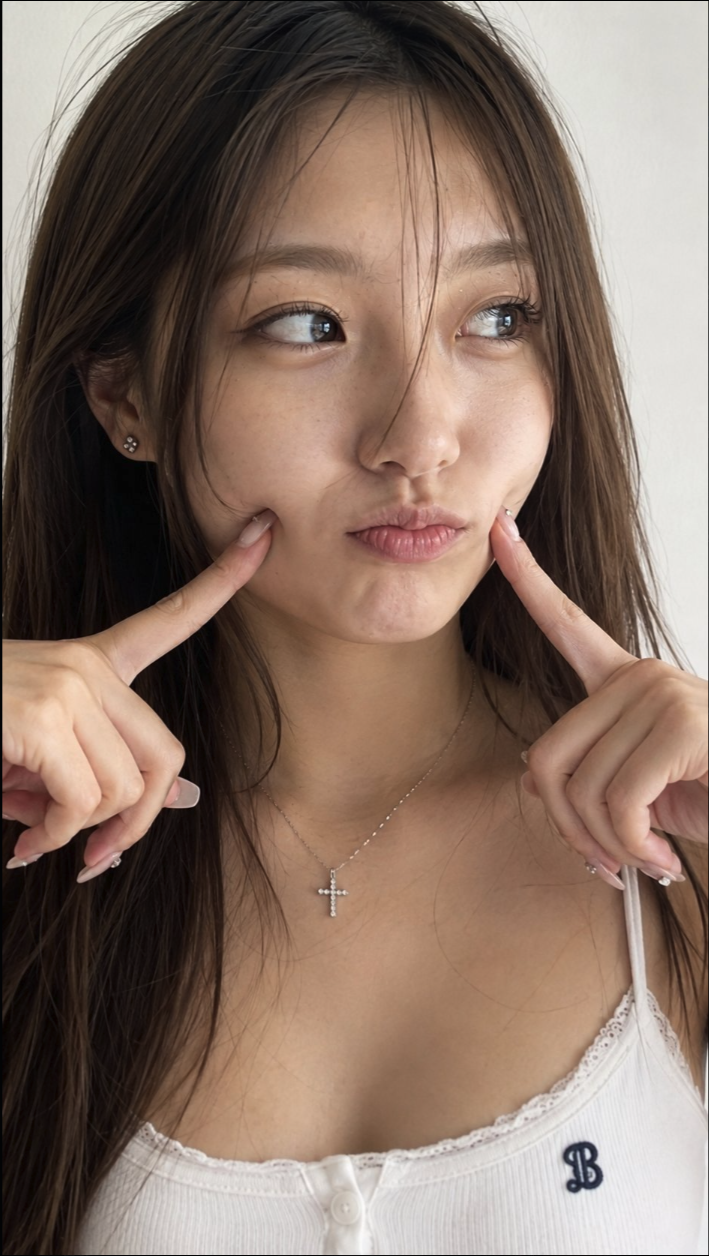 A young woman with long brown hair pressing her index fingers to her cheeks in a selfie-style portrait against a plain white wall.
