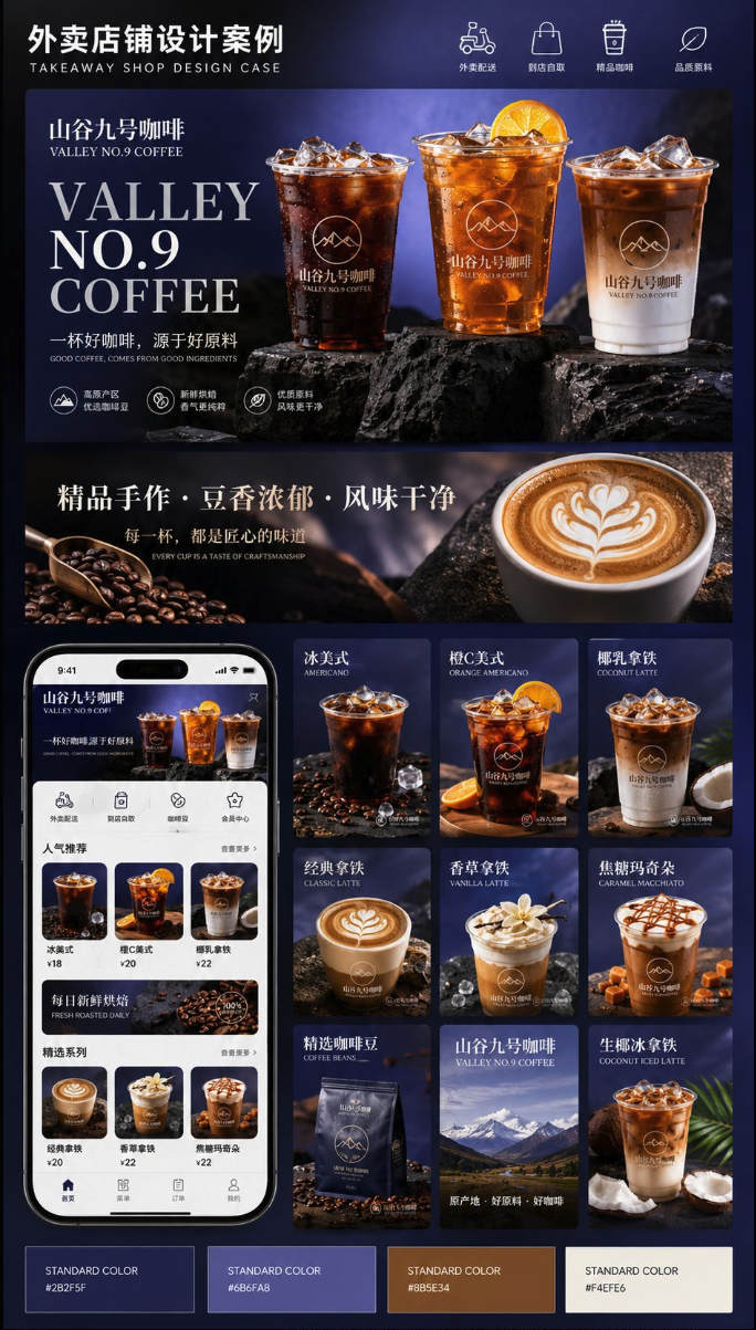 A dark-themed design layout for Valley No.9 Coffee showing iced coffee photography, a mobile app mockup, a product grid, and brand color swatches.