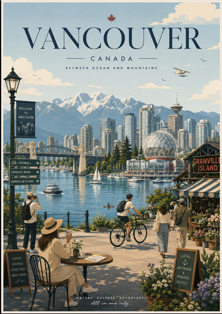 An illustrated travel poster showing the Vancouver skyline, harbor, and mountains with the title 'Vancouver, Canada — Between Ocean and Mountains'.